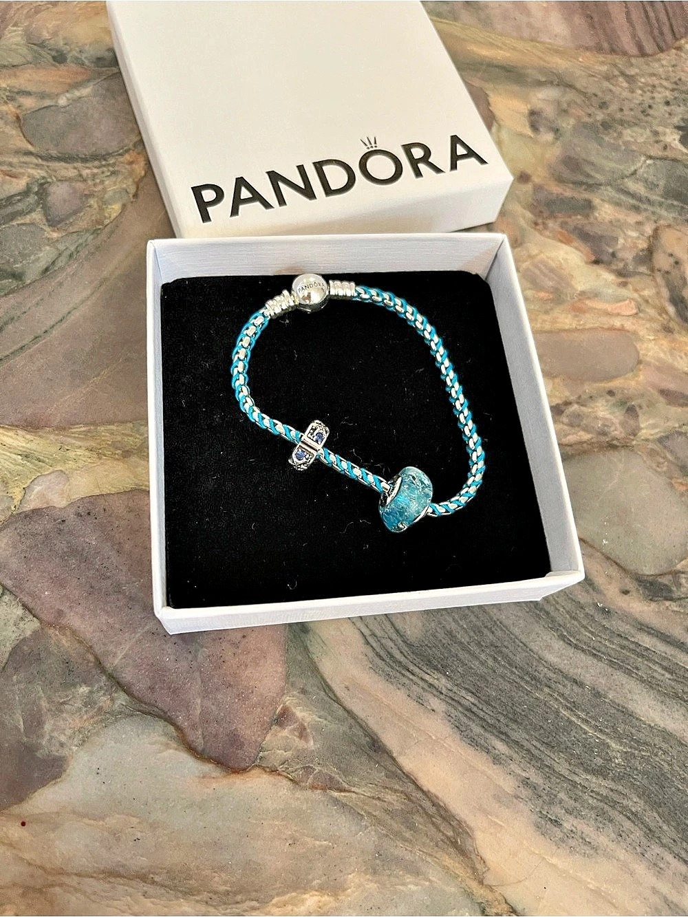 New Pandora Blue Cord Snake
Chain Bracelet with two PANDORA Charms